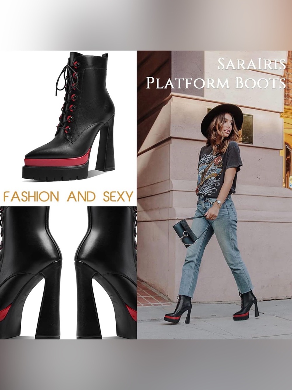 Red Black Women’s 8 Platform Ankle Boots - Chunky Block High Heel, Pointed Toe - Picture 5 of 8